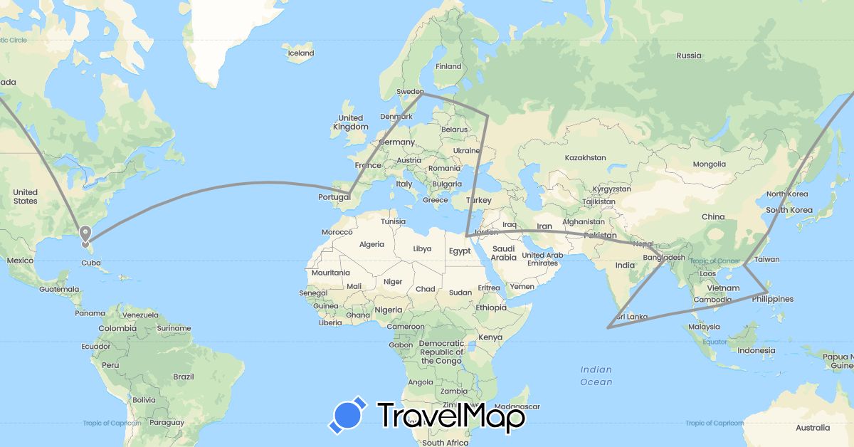 TravelMap itinerary: driving, plane in Bangladesh, China, Egypt, Spain, India, Maldives, Nepal, Philippines, Russia, Sweden, United States, Vietnam (Africa, Asia, Europe, North America)